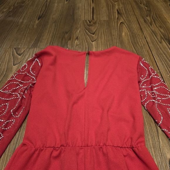 Marina Red Surplice V-Neck Long Beaded Sleeve Scuba Crepe Jumpsuit Evening 4 New - Picture 9 of 11